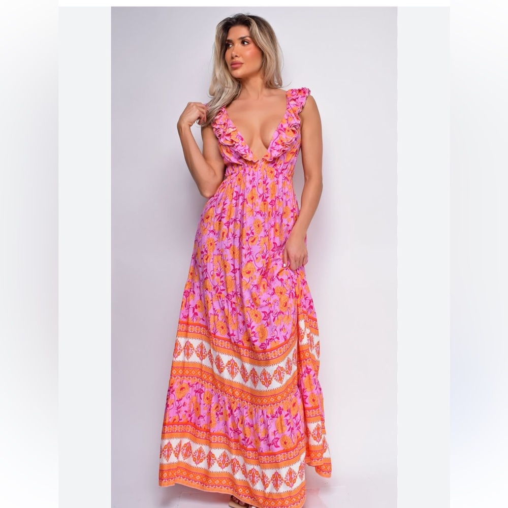 Pink and Orange Floral Maxi Dress Aakaa size large